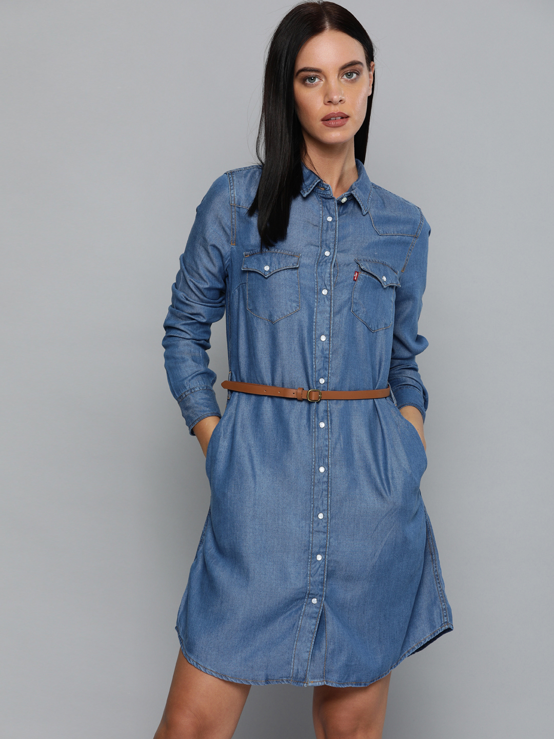 Levis Women Blue Solid Chambray Shirt Dress Price in India