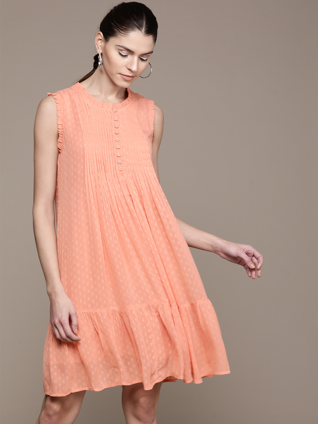 Label Ritu Kumar Women Peach-Coloured Self Design A-Line Dress Price in India