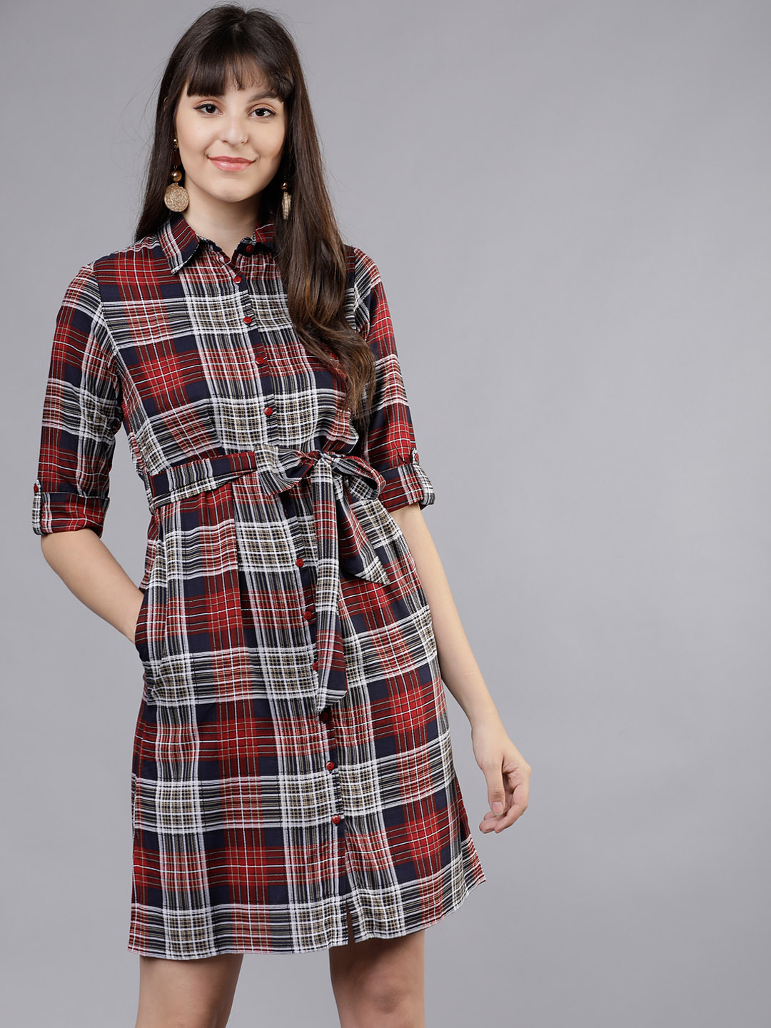 Tokyo Talkies Women Navy Blue & Red Checked Shirt Dress Price in India