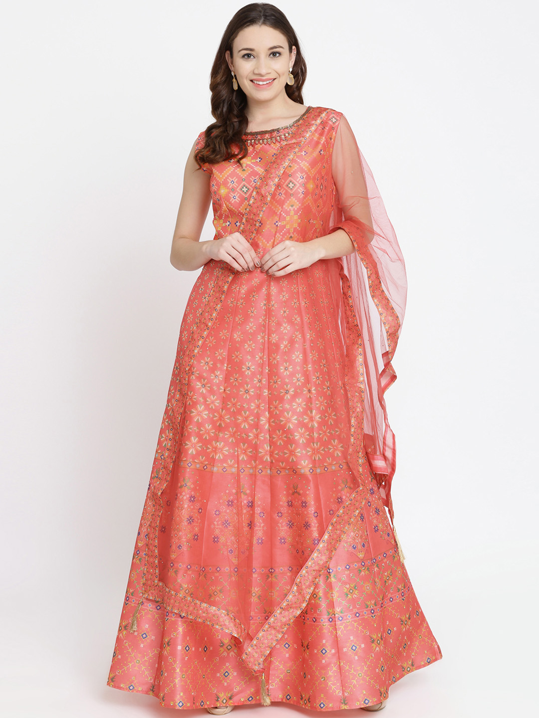 Koskii Women Pink Printed Maxi Dress With Dupatta Price in India