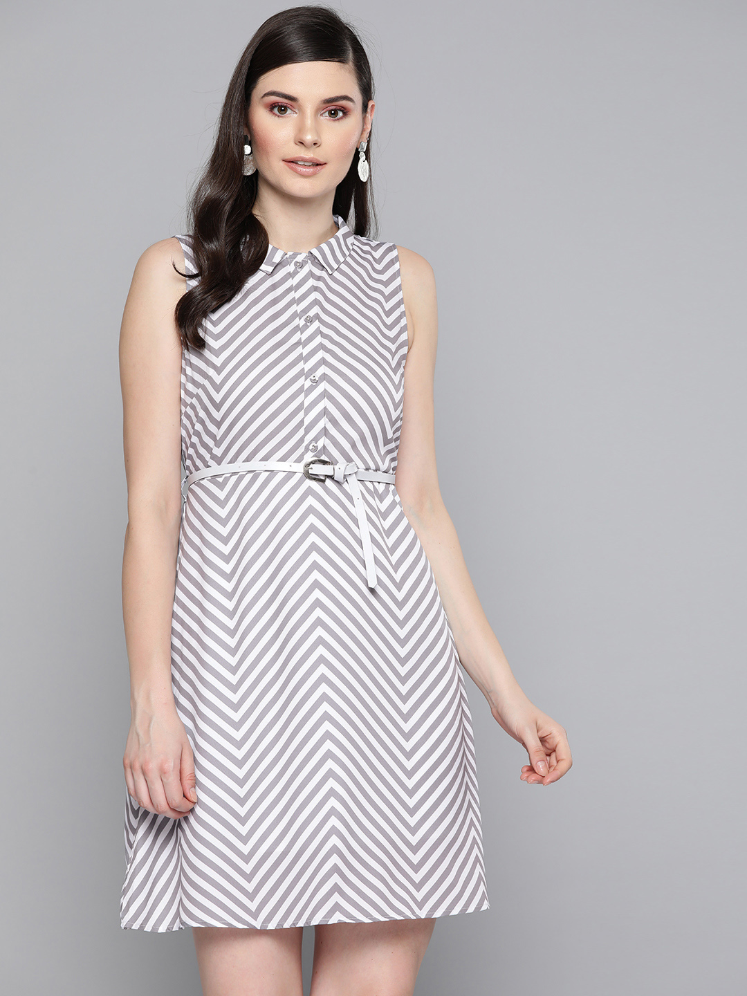 SASSAFRAS Women Grey & White Printed Fit and Flare Dress Price in India