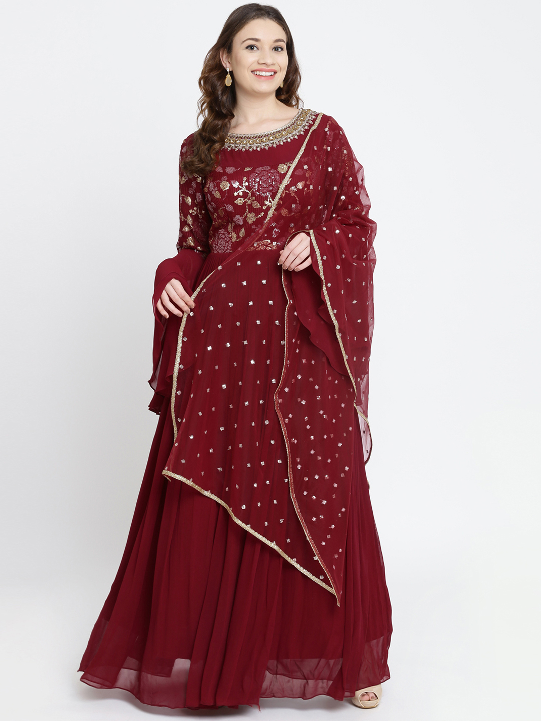 Koskii Women Maroon Embellished Ethnic Maxi Dress with Dupatta Price in India