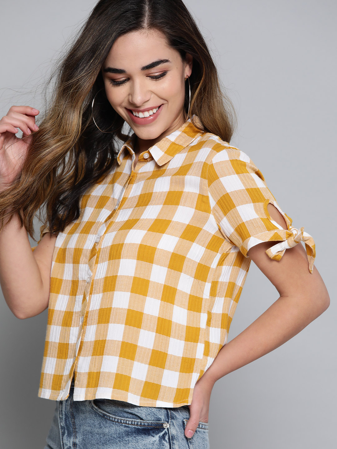 Mast & Harbour Women White & Mustard Yellow Regular Fit Checked Casual Shirt Price in India