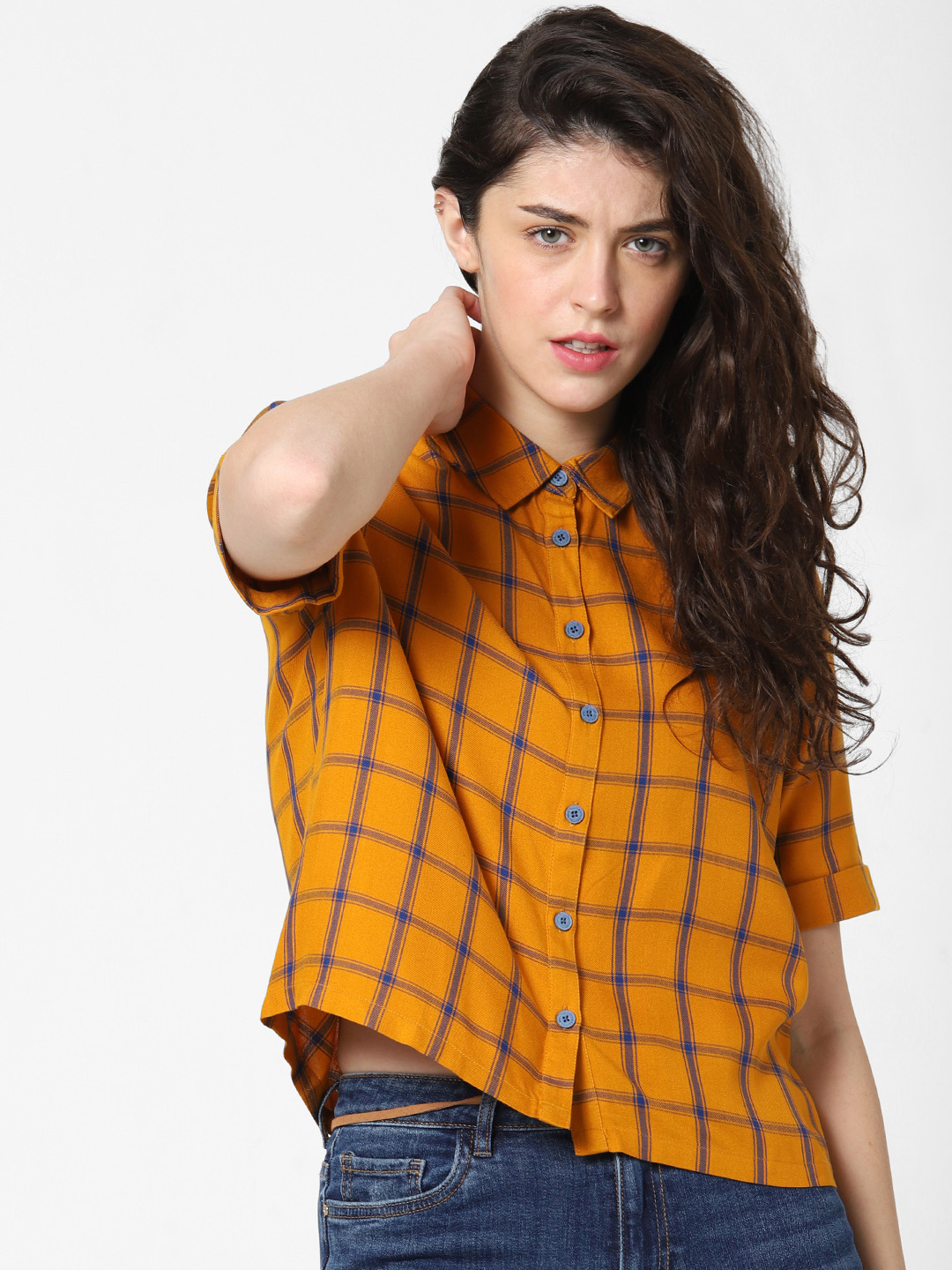 ONLY Women Mustard Yellow & Navy Blue Regular Fit Checked Casual Shirt Price in India