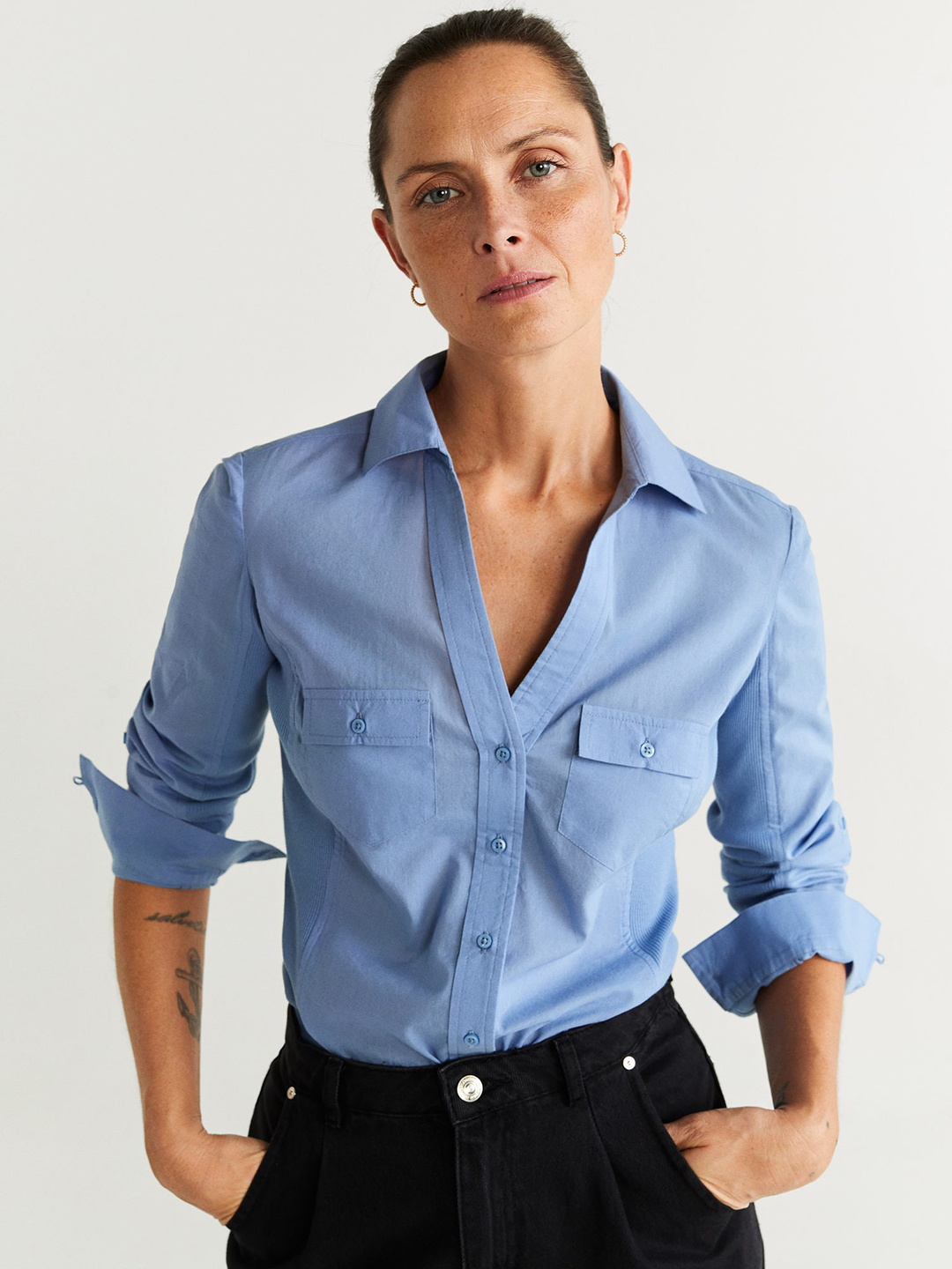 MANGO Women Blue Regular Fit Solid Smart Casual Shirt Price in India