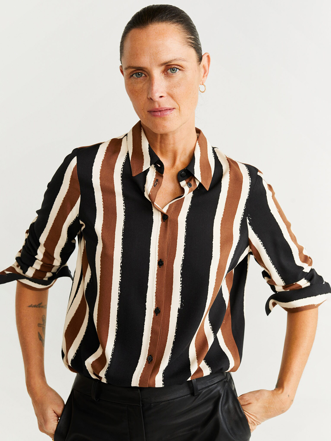 MANGO Women Black & Brown Striped Casual Shirt Price in India