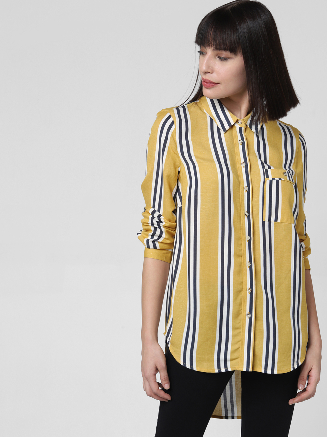 Vero Moda Women Yellow & White Regular Fit Striped Casual Shirt Price in India