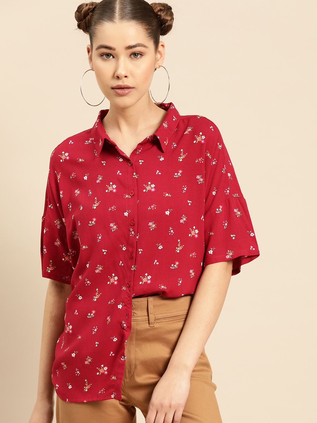 DressBerry Women Red & White Regular Fit Printed Casual Shirt Price in India