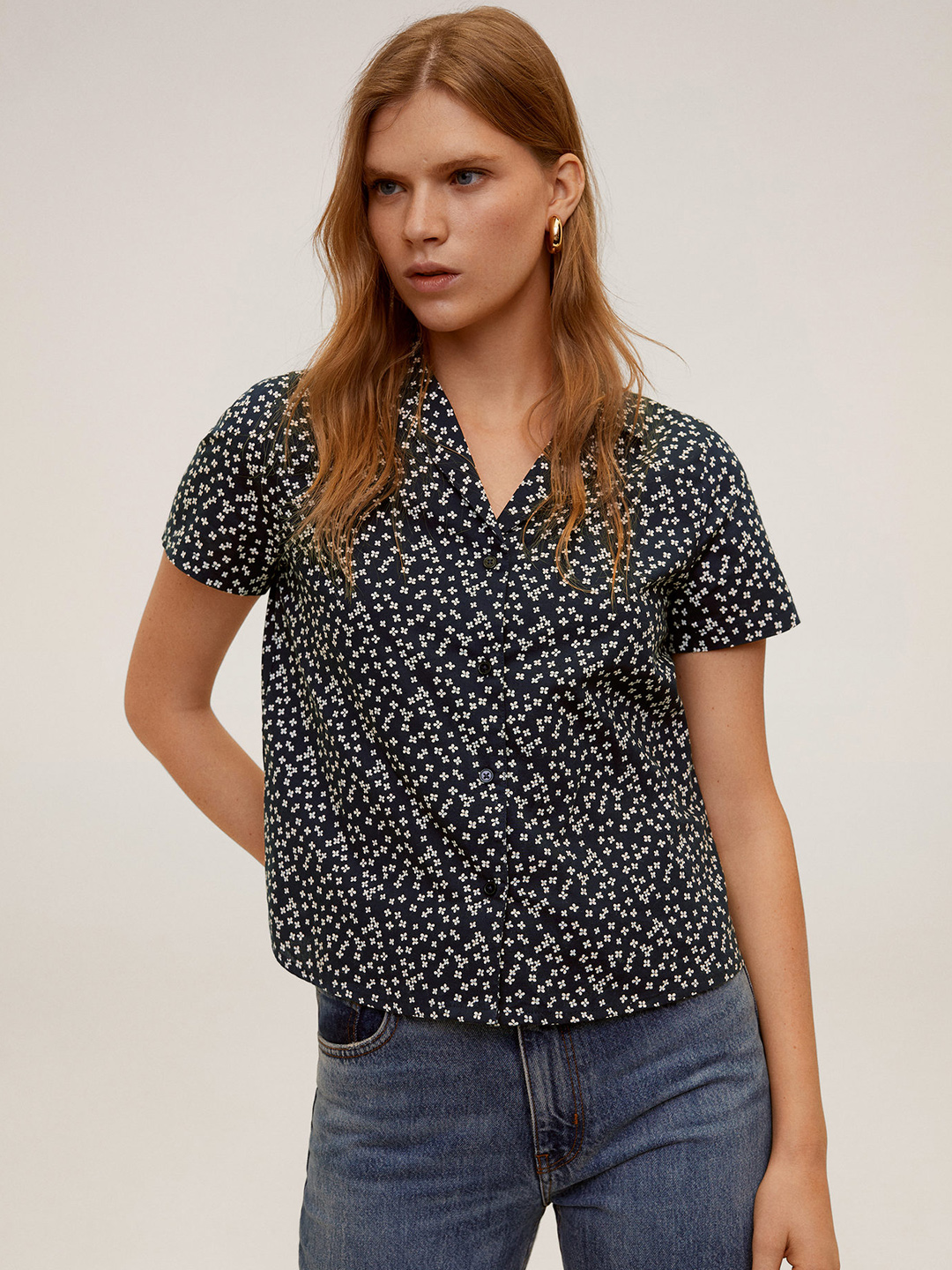 MANGO Women Navy Blue & White Regular Fit Printed Casual Shirt Price in India