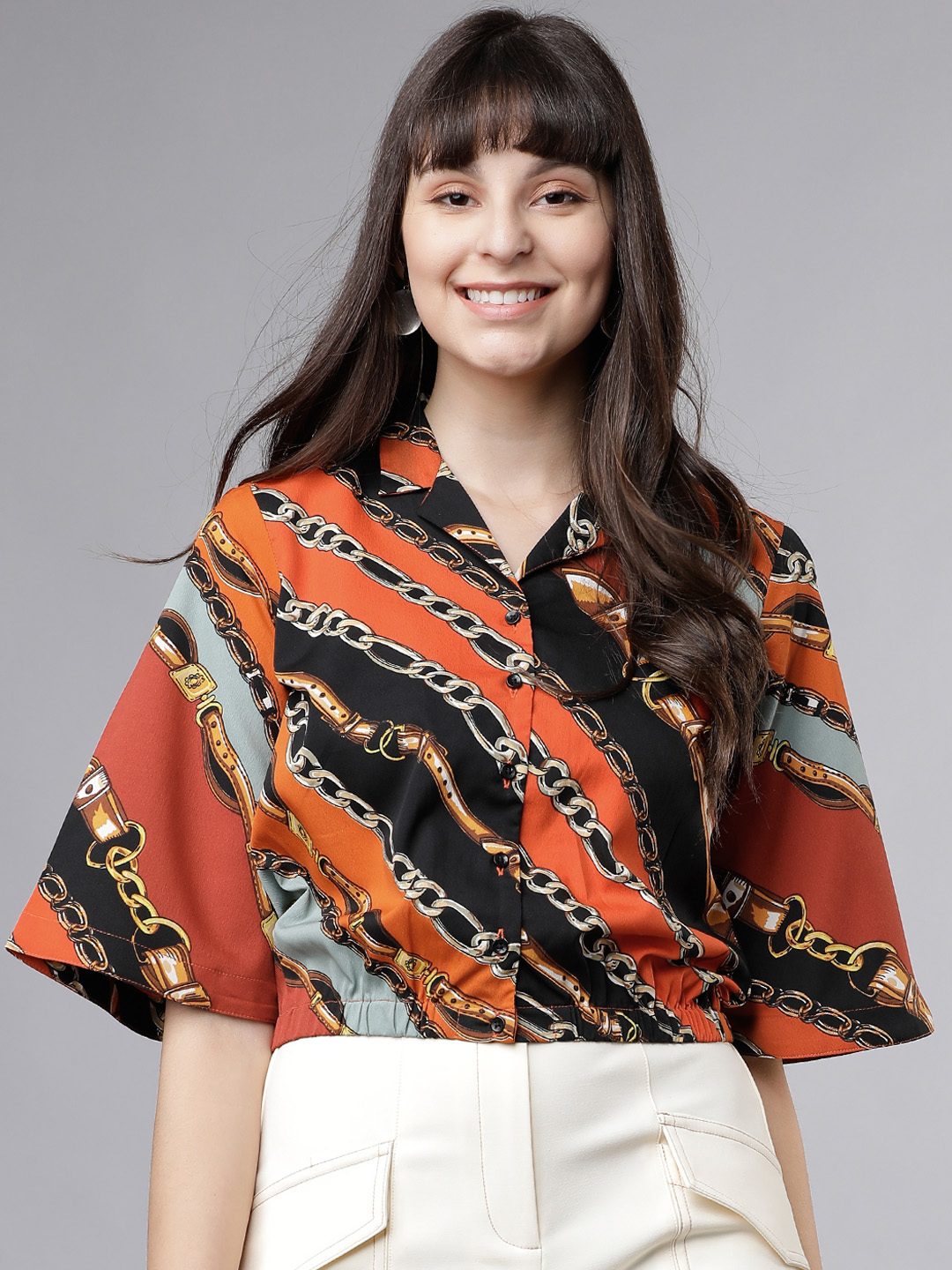 Tokyo Talkies Women Rust Brown & Black Regular Fit Printed Casual Shirt Price in India