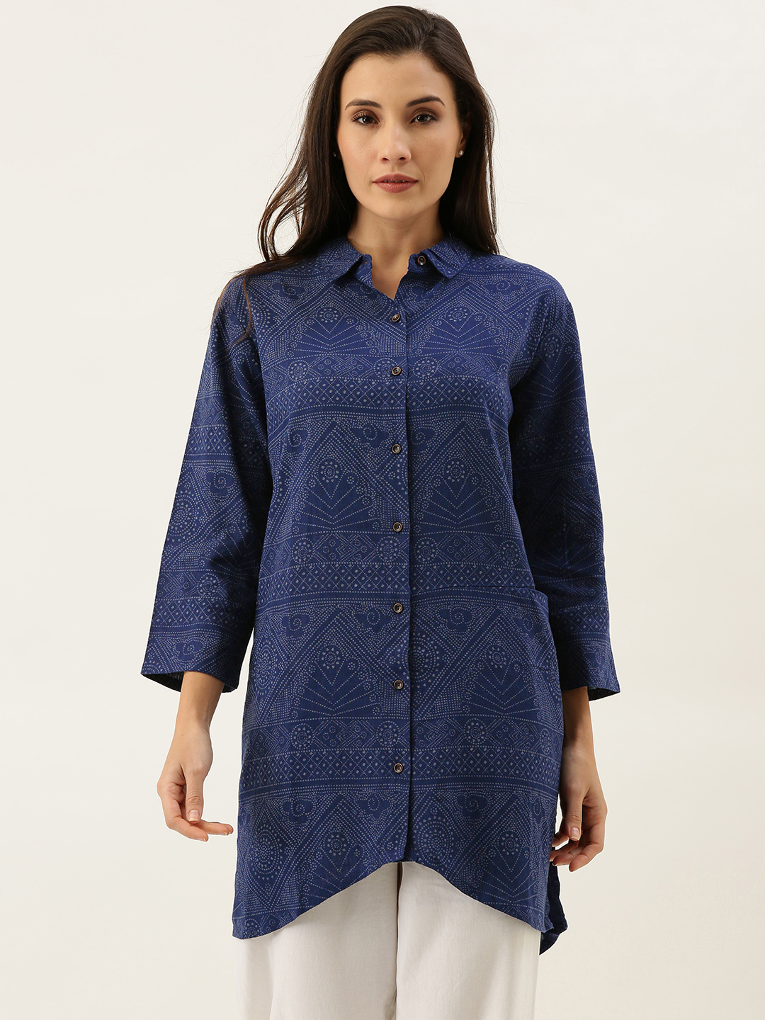 MERAKI Women Navy Blue & Off-White Regular Fit Printed Casual Longline Shirt Price in India
