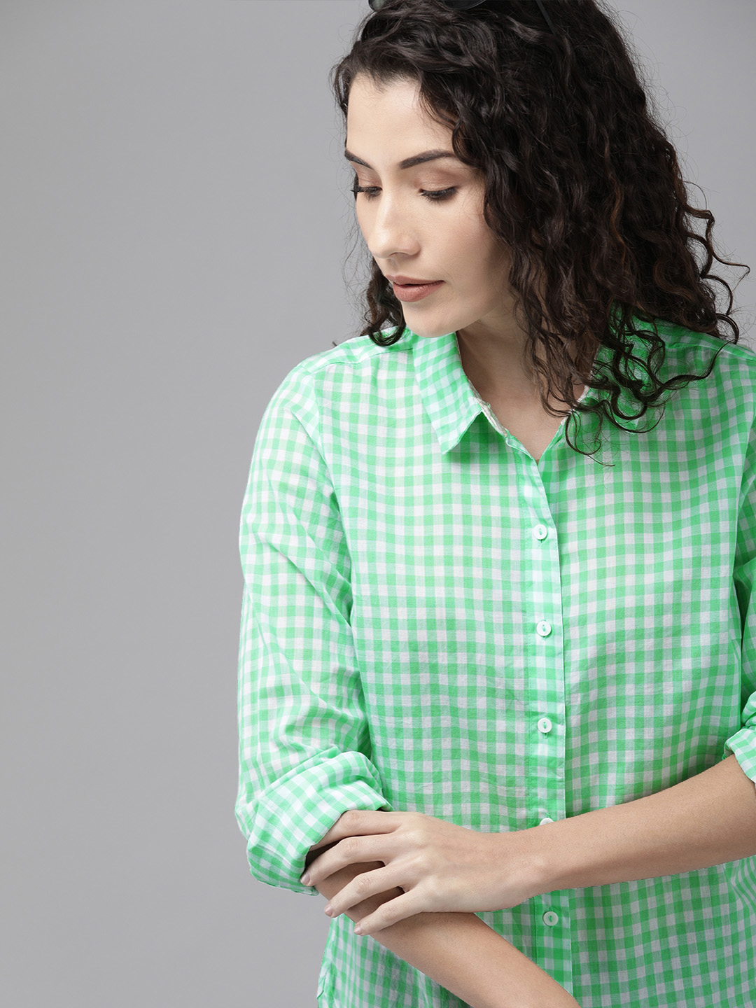 Vero Moda Women Green & White Regular Fit Checked Casual Shirt Price in India