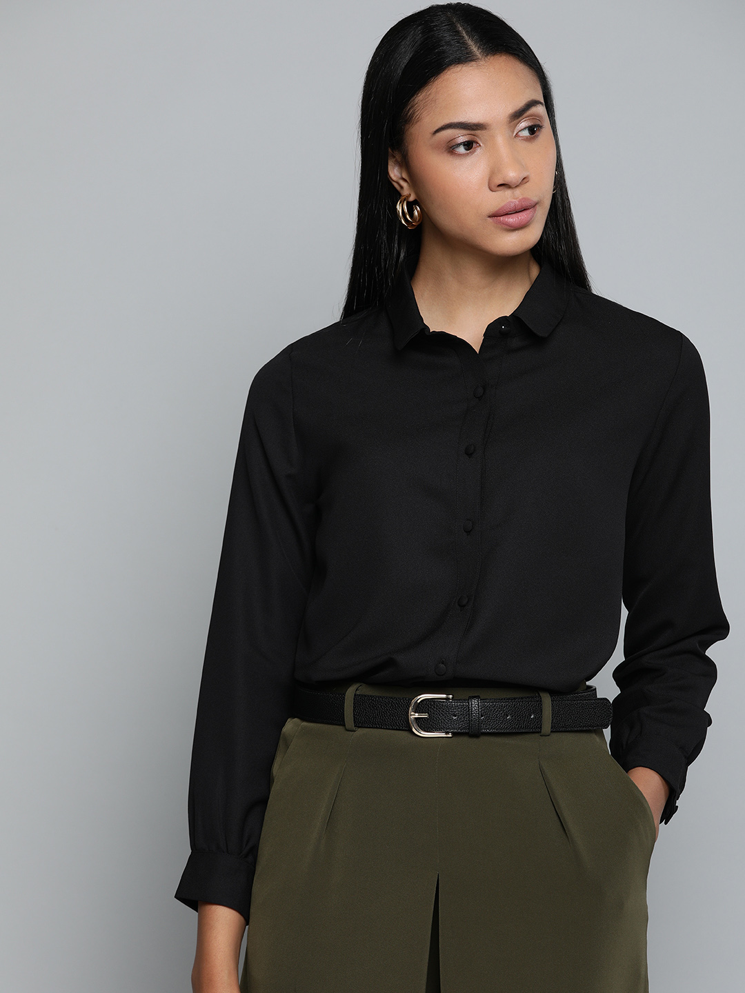 Chemistry Women Black Regular Fit Solid Casual Shirt Price in India