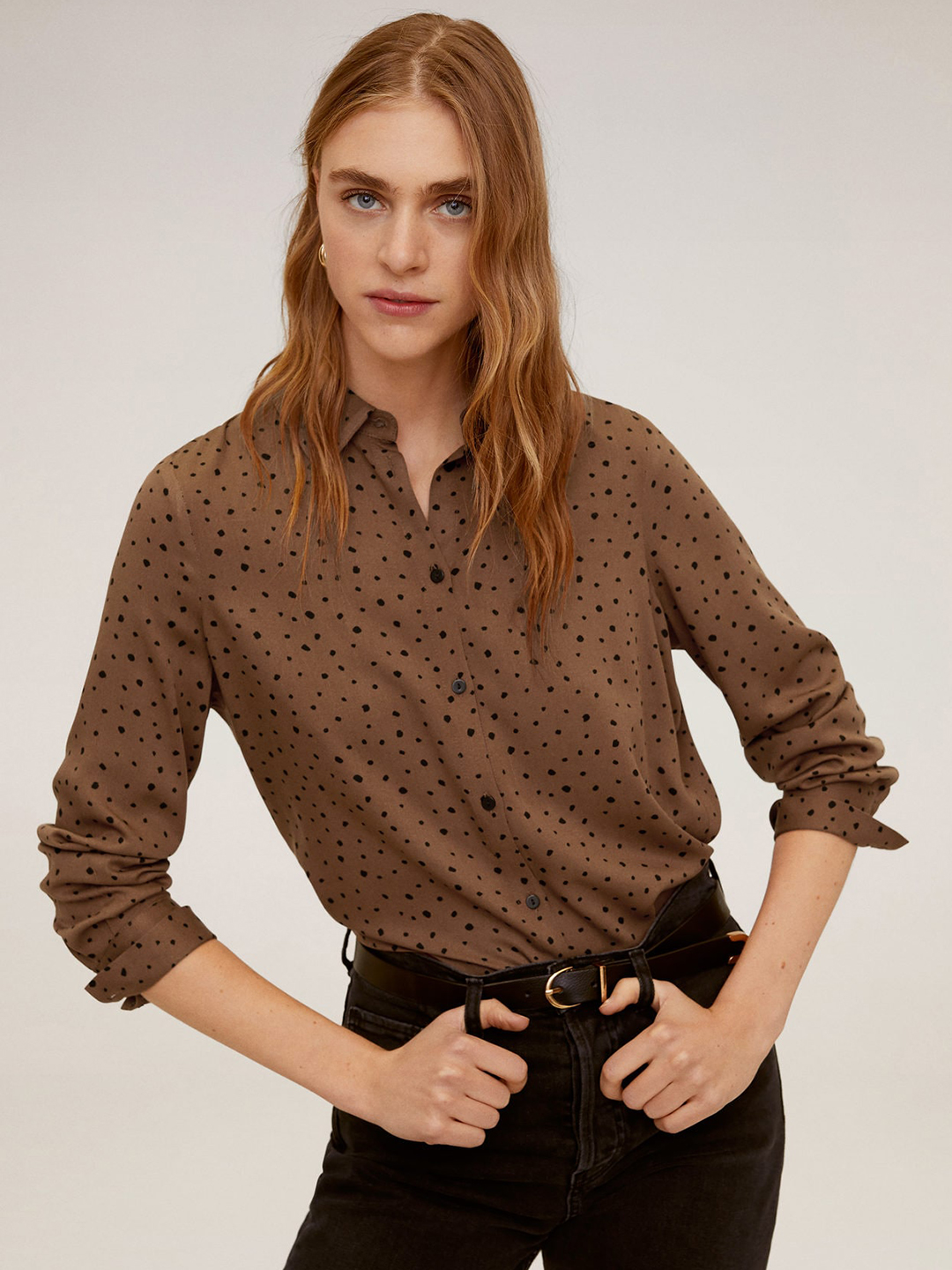 MANGO Women Brown & Black Regular Fit Printed Casual Shirt Price in India