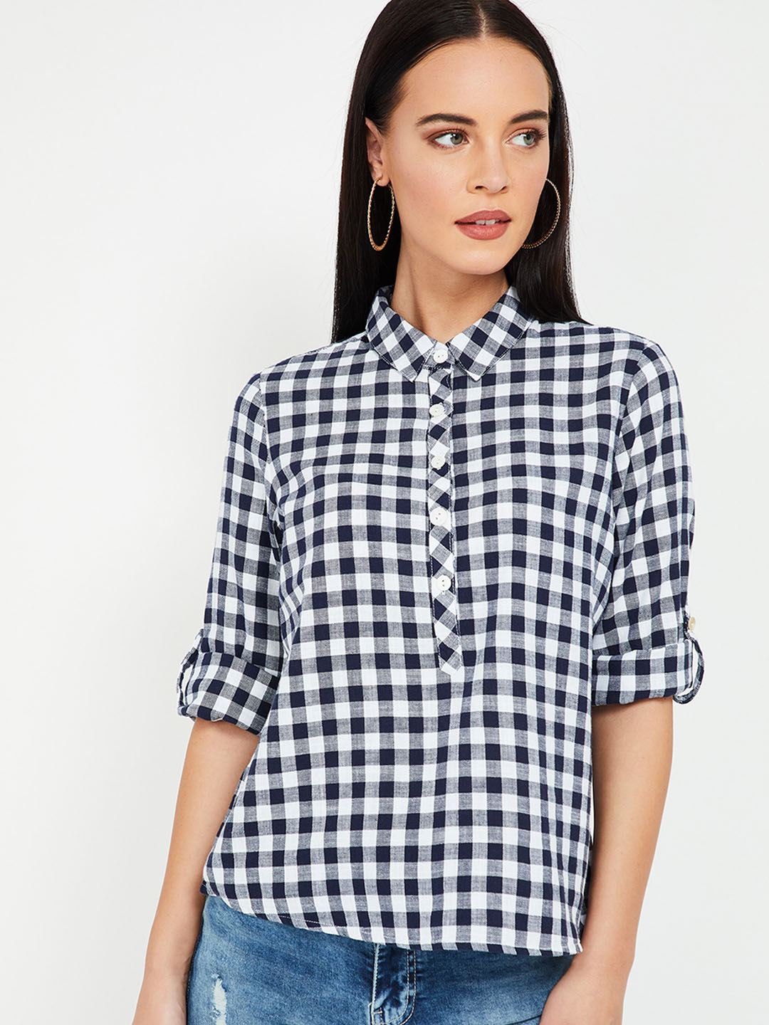 Fame Forever by Lifestyle Women Navy Blue & White Regular Fit Checked Casual Shirt Price in India