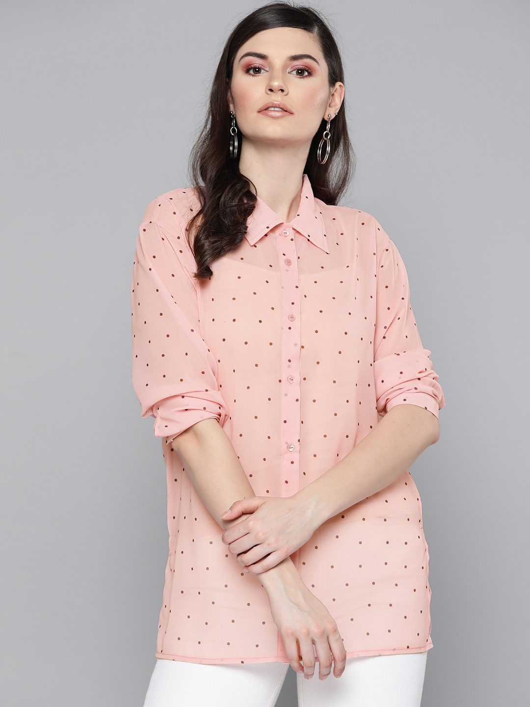 SASSAFRAS Women Pink & Brown Regular Fit Semi-Sheer Printed Casual Shirt Price in India