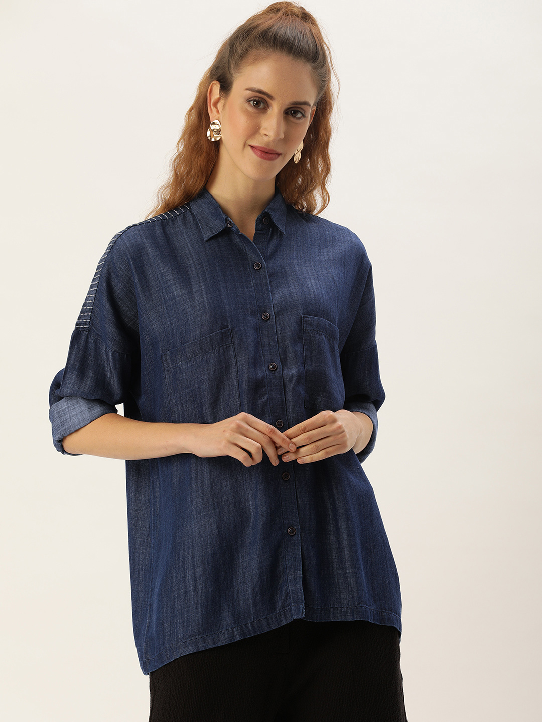 MERAKI Women Blue Boxy Solid Casual Shirt With Embroidered Detail Price in India