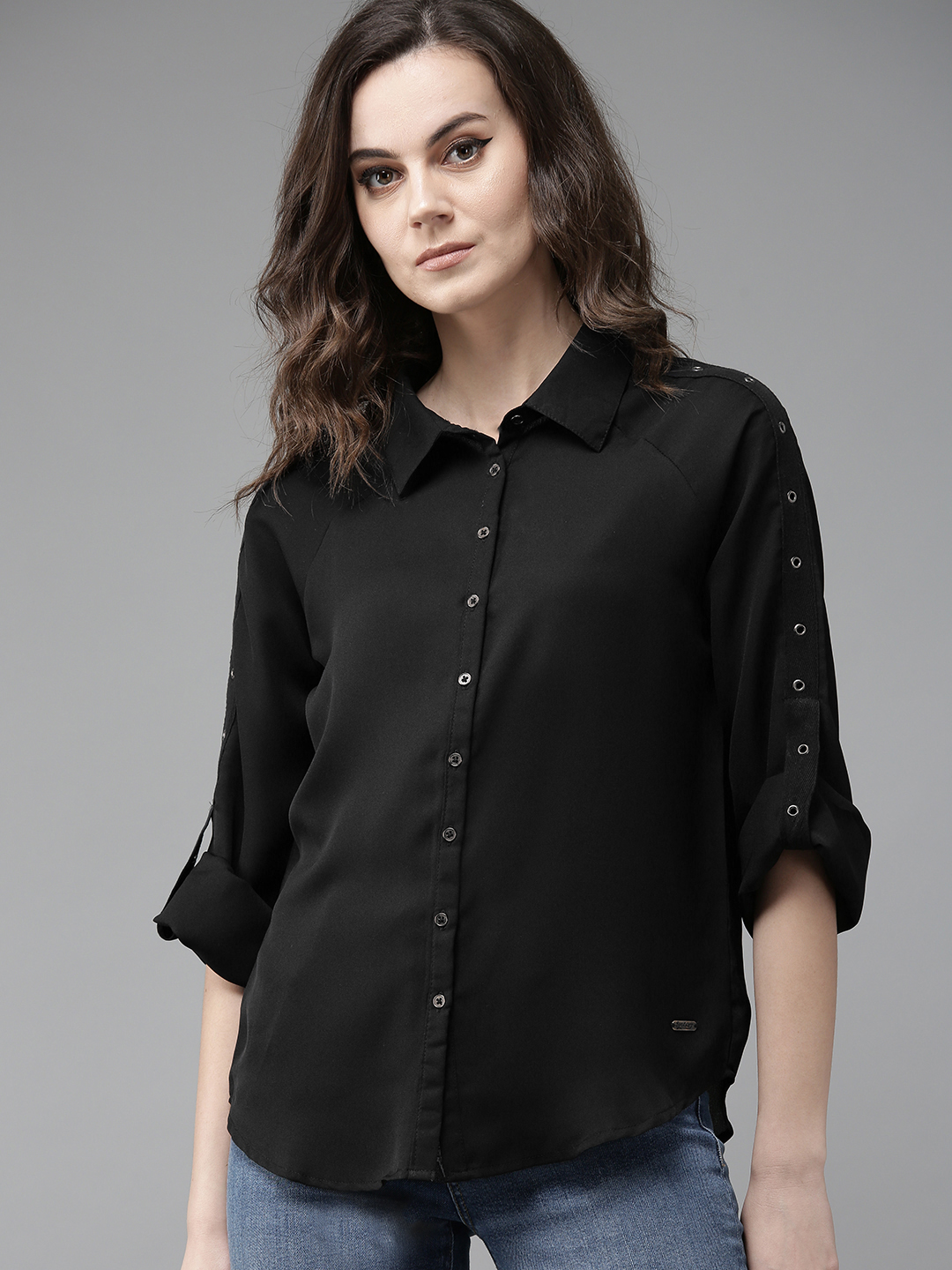 Roadster Women Black Regular Fit Solid Casual Shirt Price in India