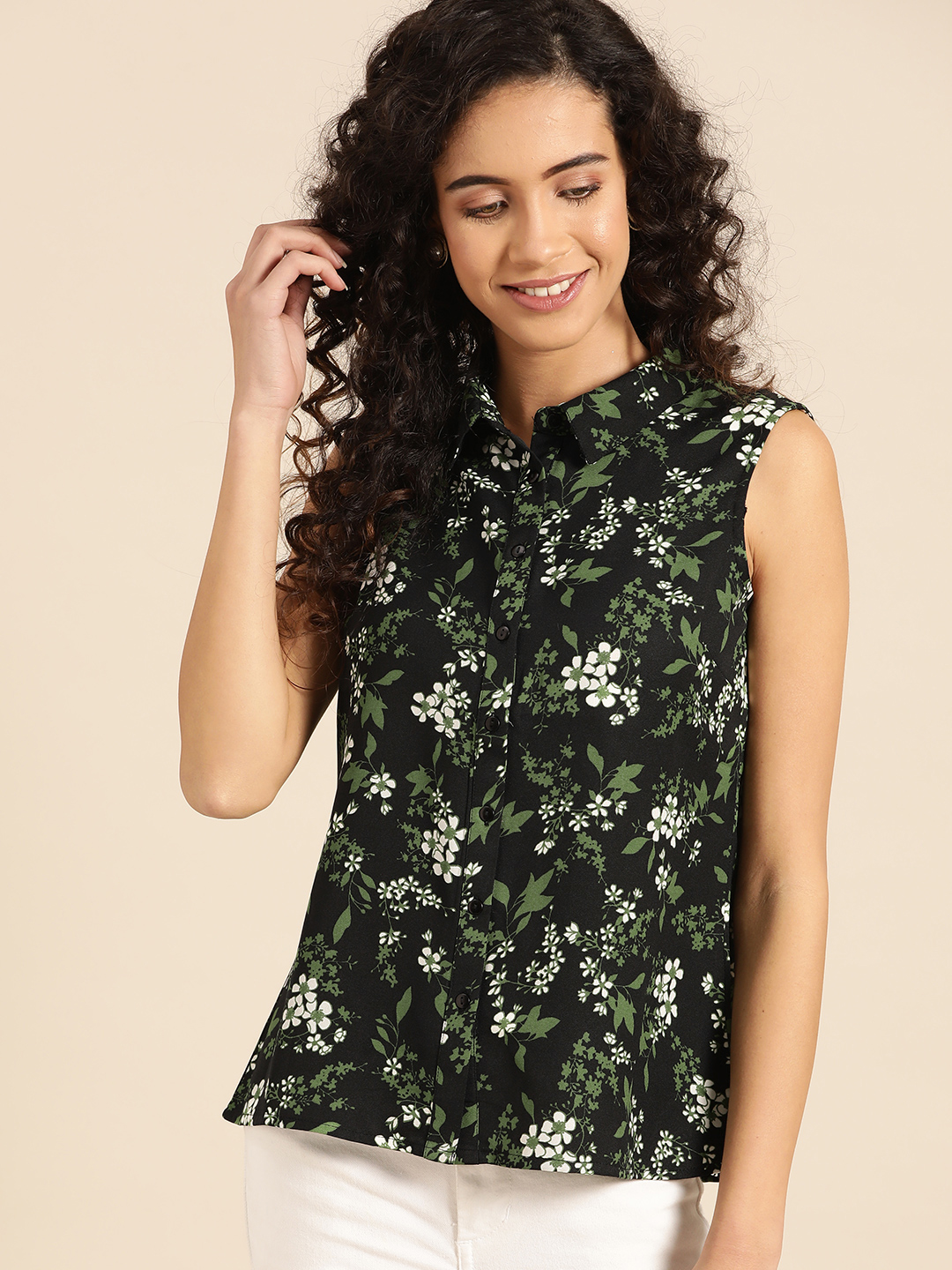 DressBerry Women Black & Green Regular Fit Printed Casual Shirt Price in India