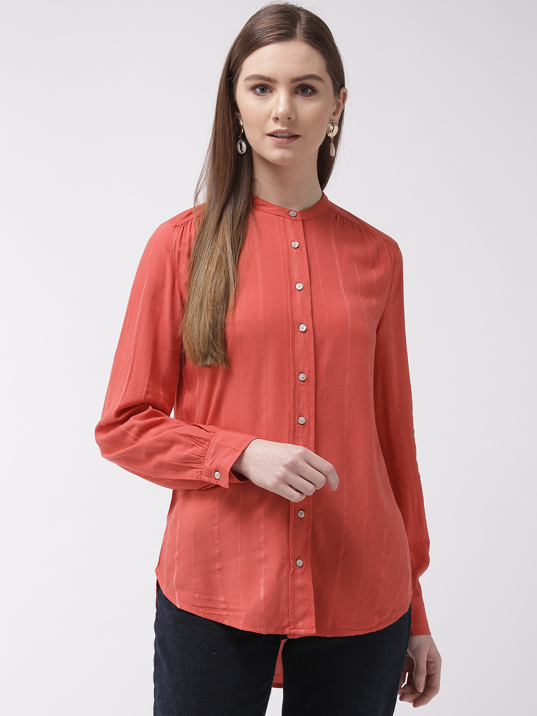 Marks & Spencer Women Coral Red Regular Fit Striped Casual Shirt Price in India