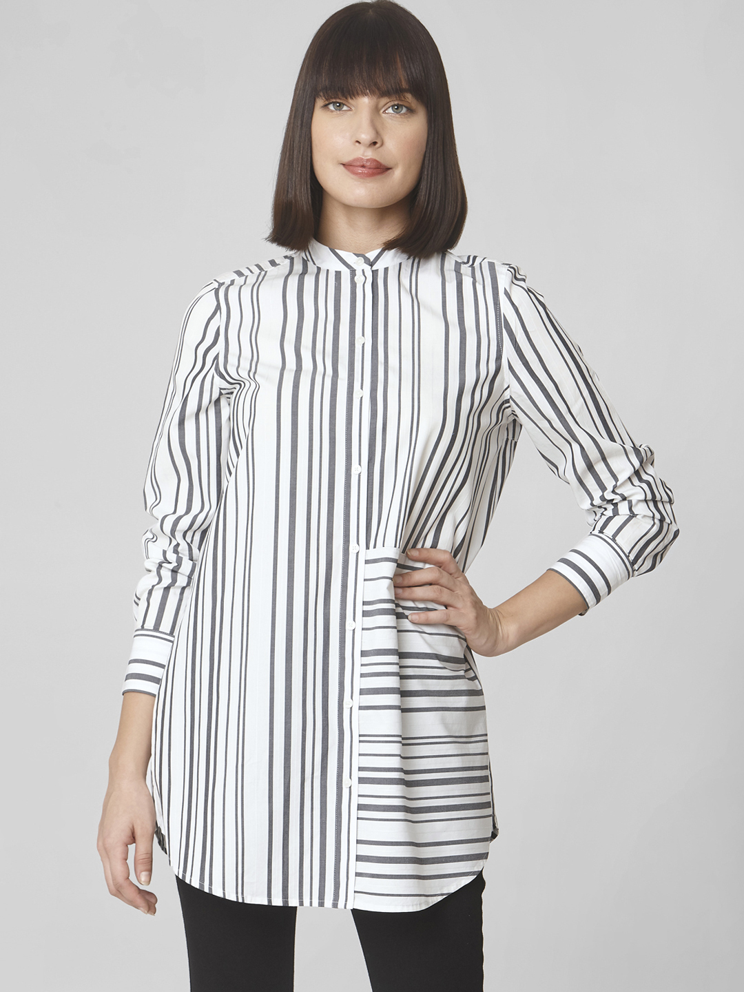 Vero Moda Women White & Black Regular Fit Striped Casual Shirt Price in India