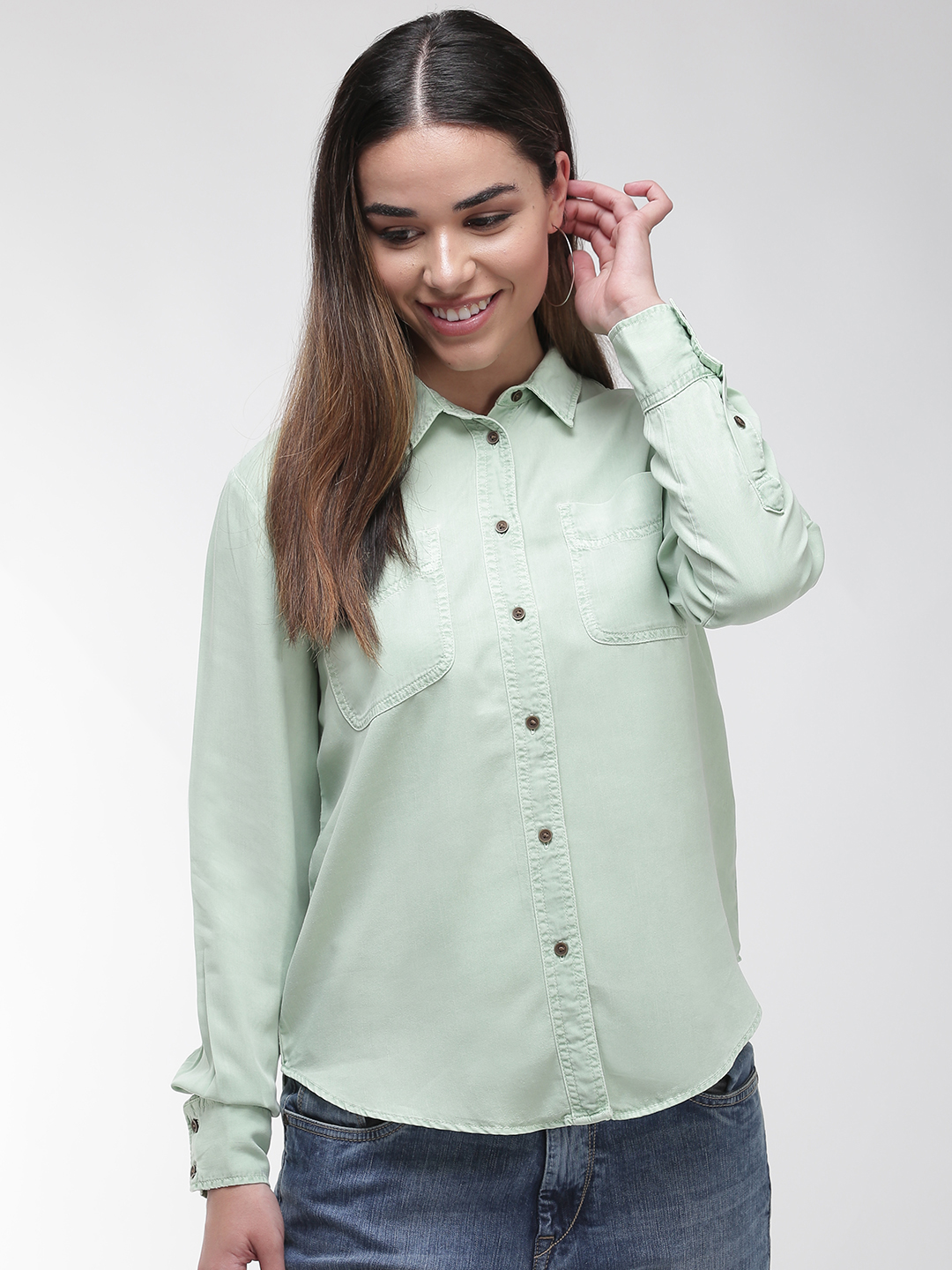 Marks & Spencer Women Green Regular Fit Solid Casual Shirt Price in India