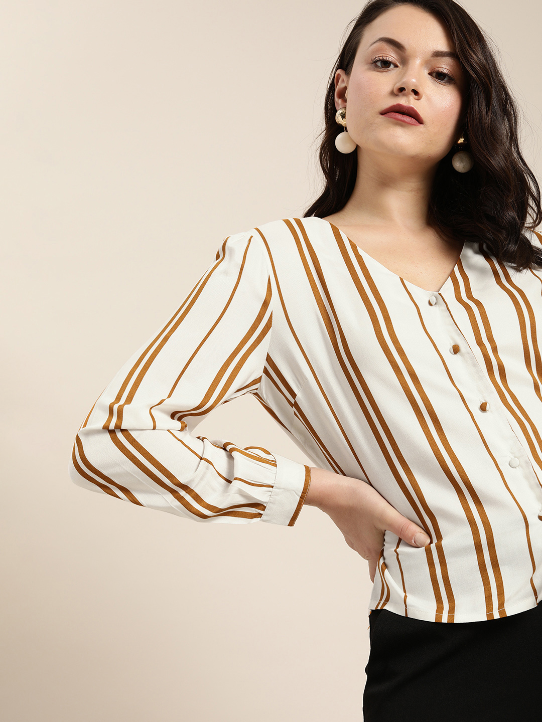 her by invictus Women White & Mustard Yellow Regular Fit Striped Casual Shirt Price in India