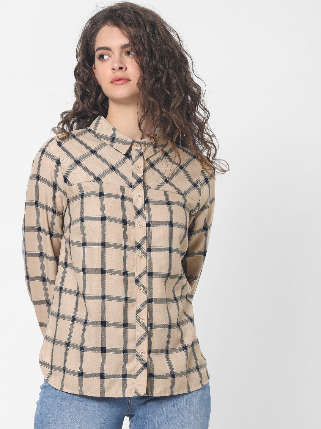 ONLY Women Beige & Blue Boxy Fit Checked Casual Shirt Price in India