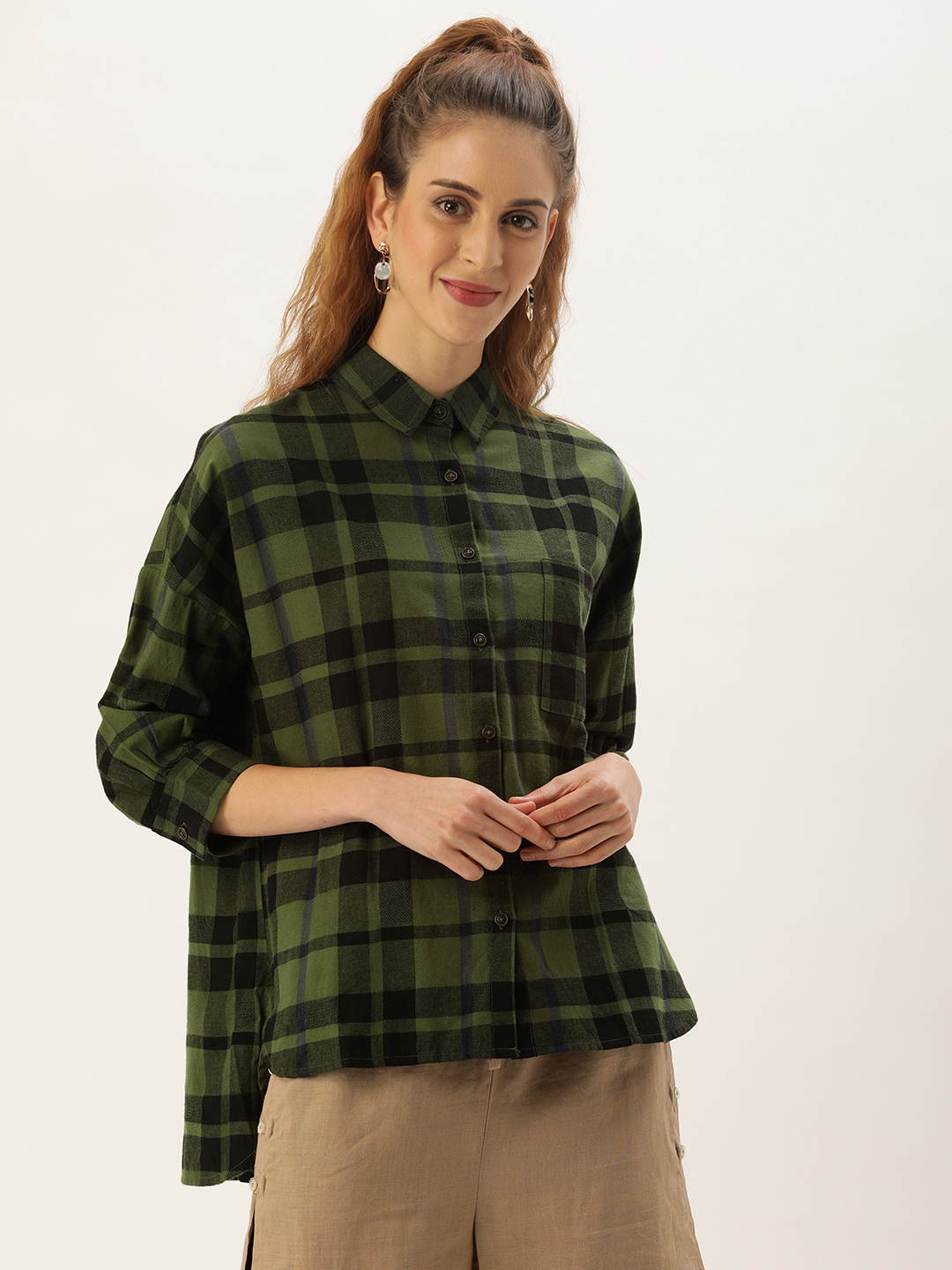 MERAKI Women Olive Green & Black Boxy Checked Casual Shirt Price in India