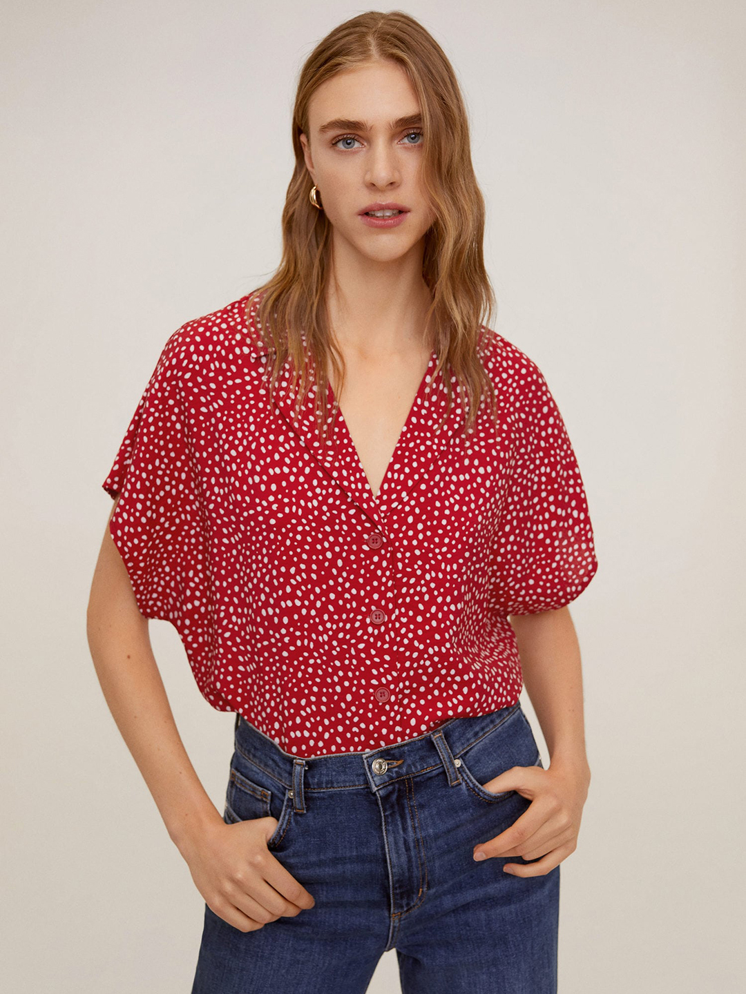 MANGO Women Red & White Printed Regular Fit Casual Shirt Price in India
