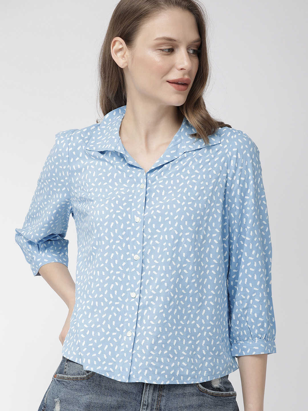 Denizen From Levis Women Blue & White Regular Fit Printed Casual Shirt Price in India