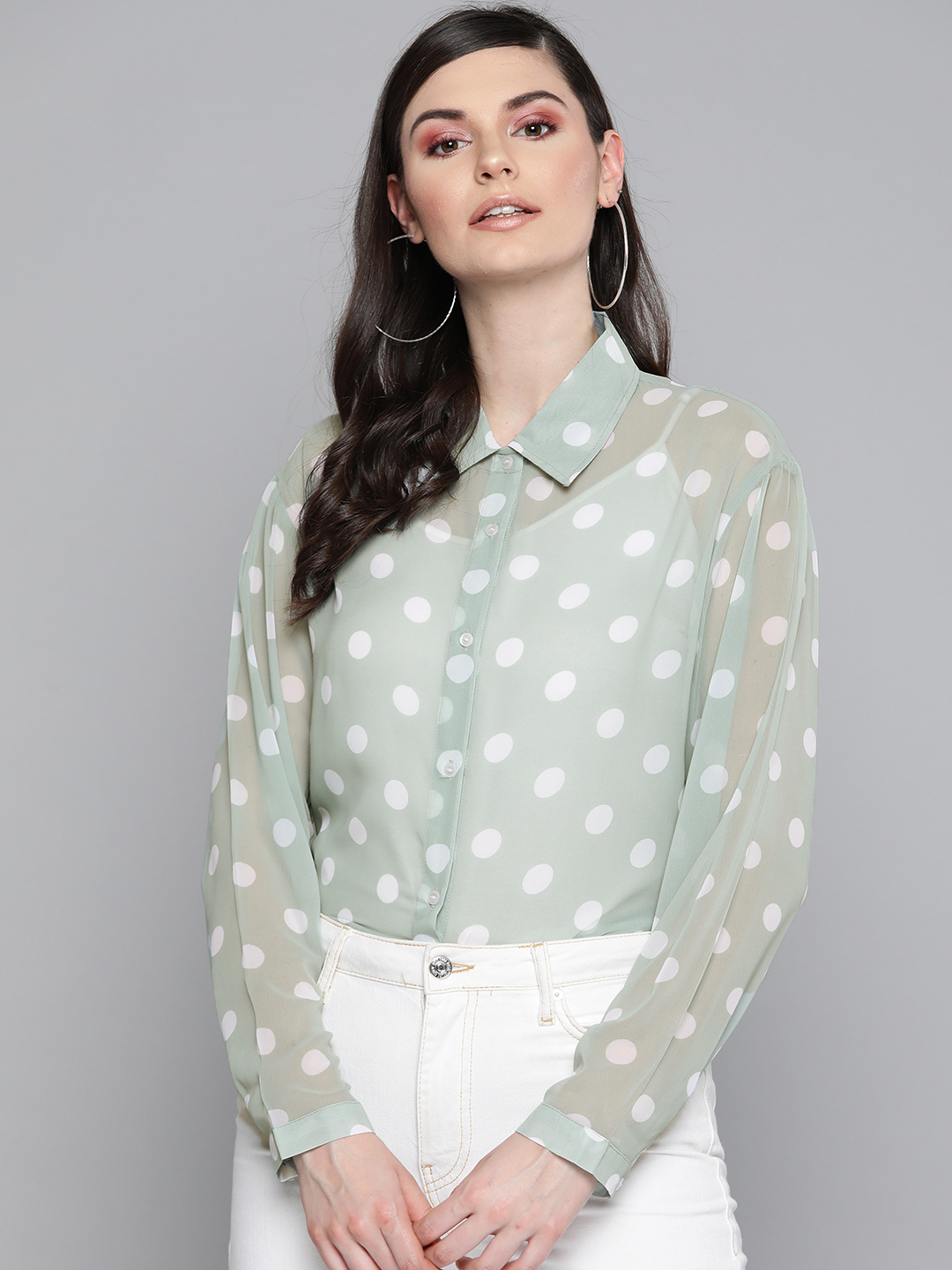 SASSAFRAS Women Green & White Regular Fit Sheer Polka Dots Print Casual Shirt Price in India