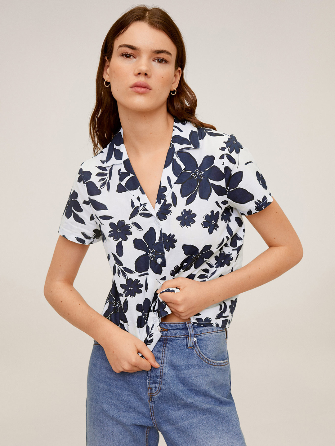 MANGO Women White & Navy Blue Regular Fit Printed Casual Shirt Price in India