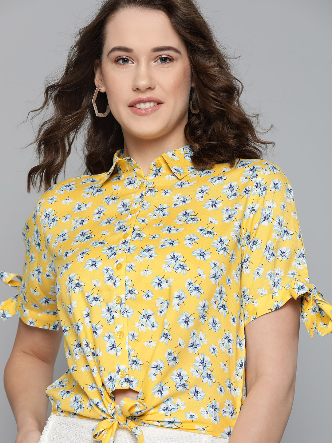 Mast & Harbour Women Yellow & Blue Regular Fit Printed Casual Shirt Price in India