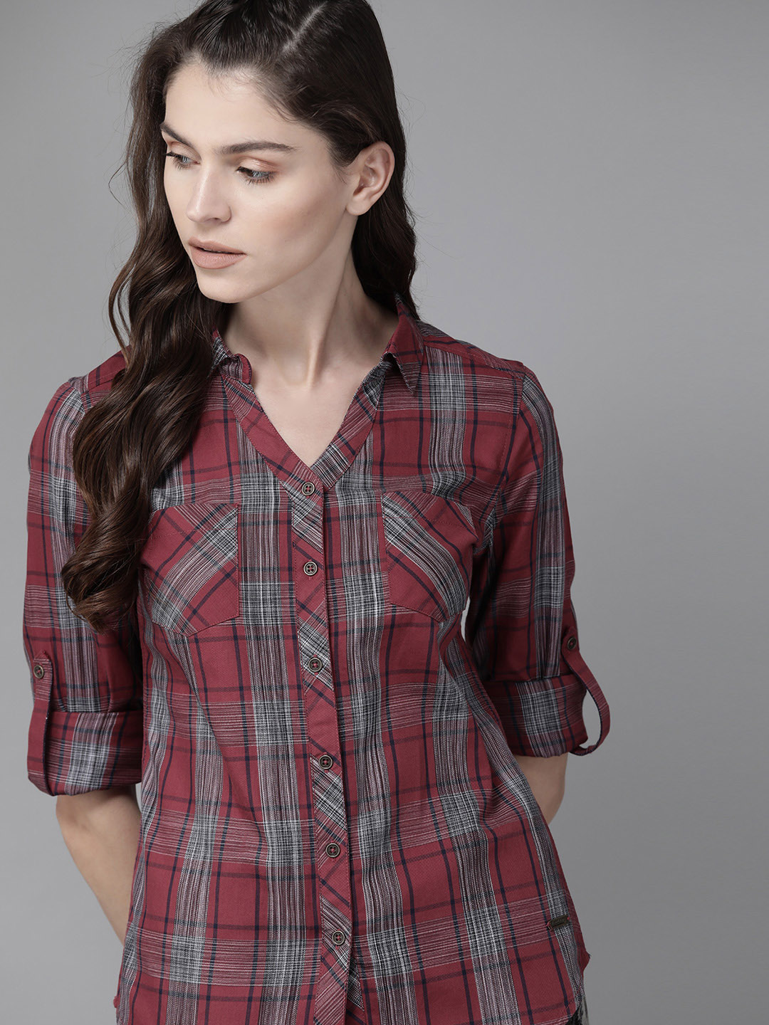 Roadster Women Rust Red & Navy Blue Regular Fit Checked Casual Shirt Price in India