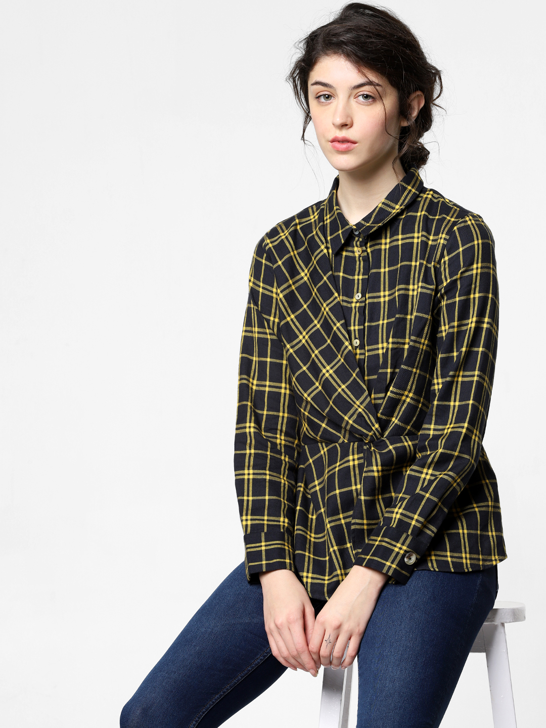 ONLY Women Black & Mustard Yellow Regular Fit Checked Twist Casual Shirt Price in India