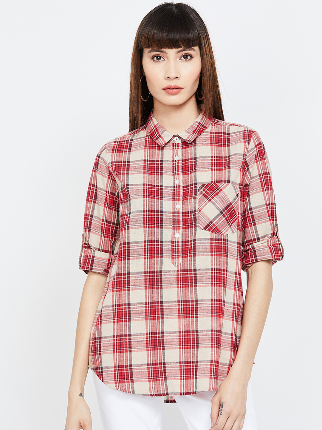 Fame Forever by Lifestyle Women Red & Beige Regular Fit Checked Casual Shirt Price in India