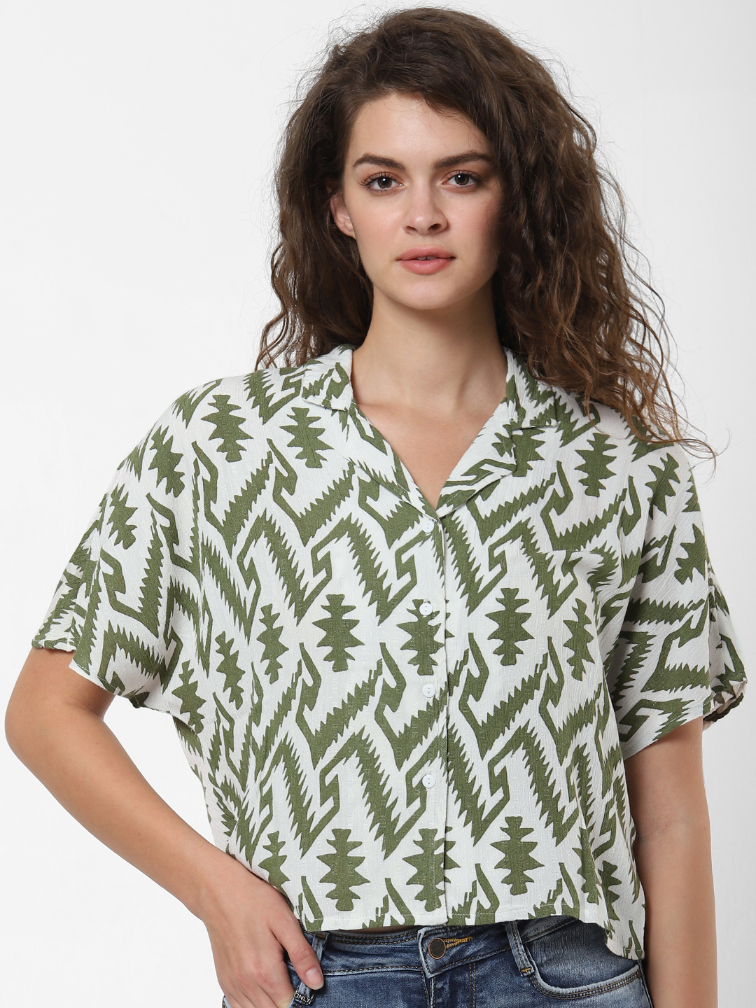 ONLY Women White & Olive Green Regular Fit Printed Casual Shirt Price in India