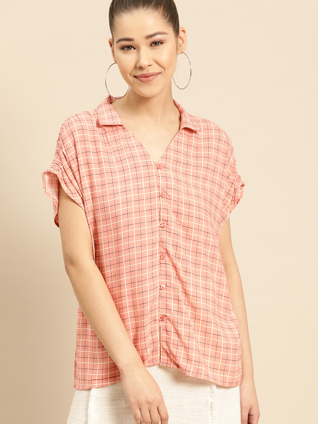 DressBerry Women Pink & Cream-Coloured Regular Fit Checked Casual Shirt Price in India