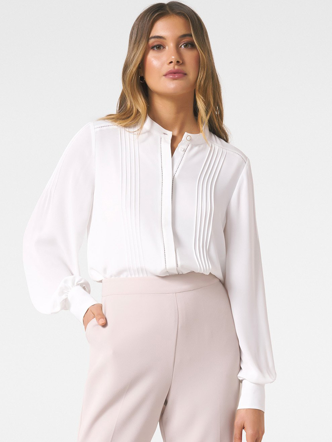 Forever New Women White Solid Trim Pin Tuck Shirt Price in India