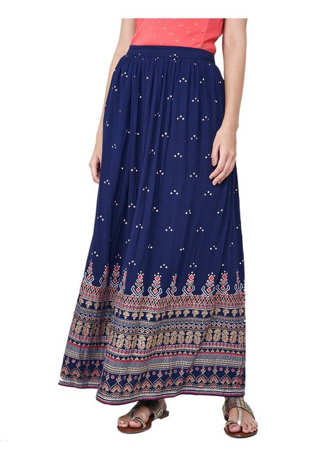 Global Desi Navy Printed Maxi Skirt Price in India