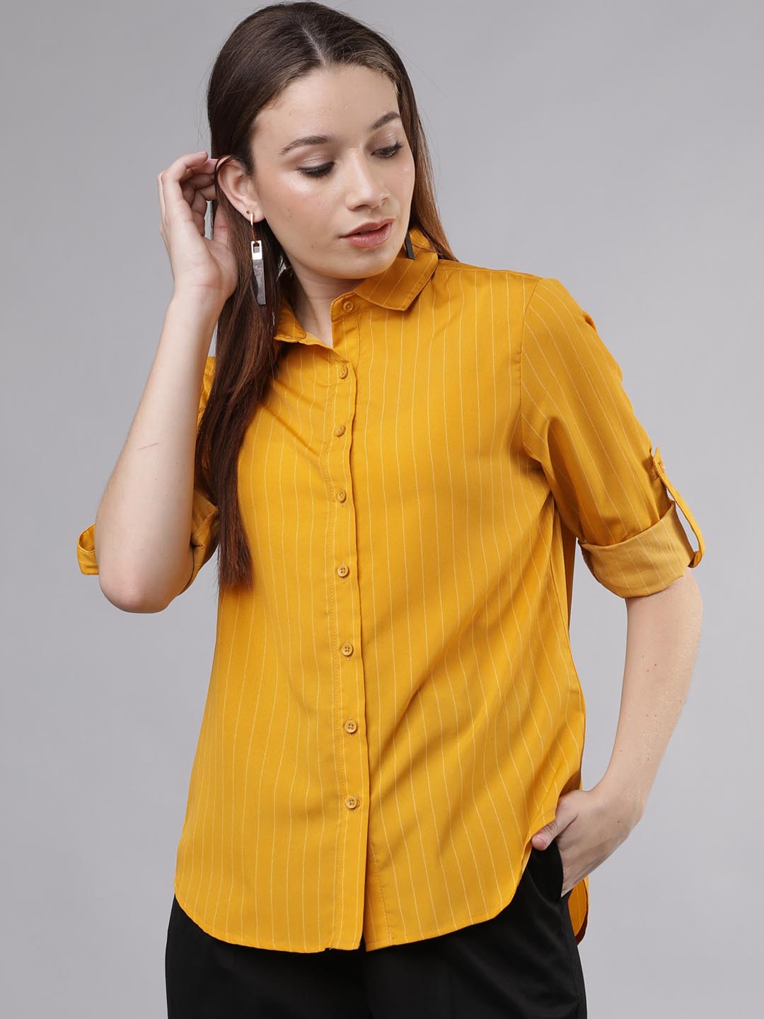 Tokyo Talkies Women Mustard Yellow Regular Fit Striped Casual Shirt Price in India
