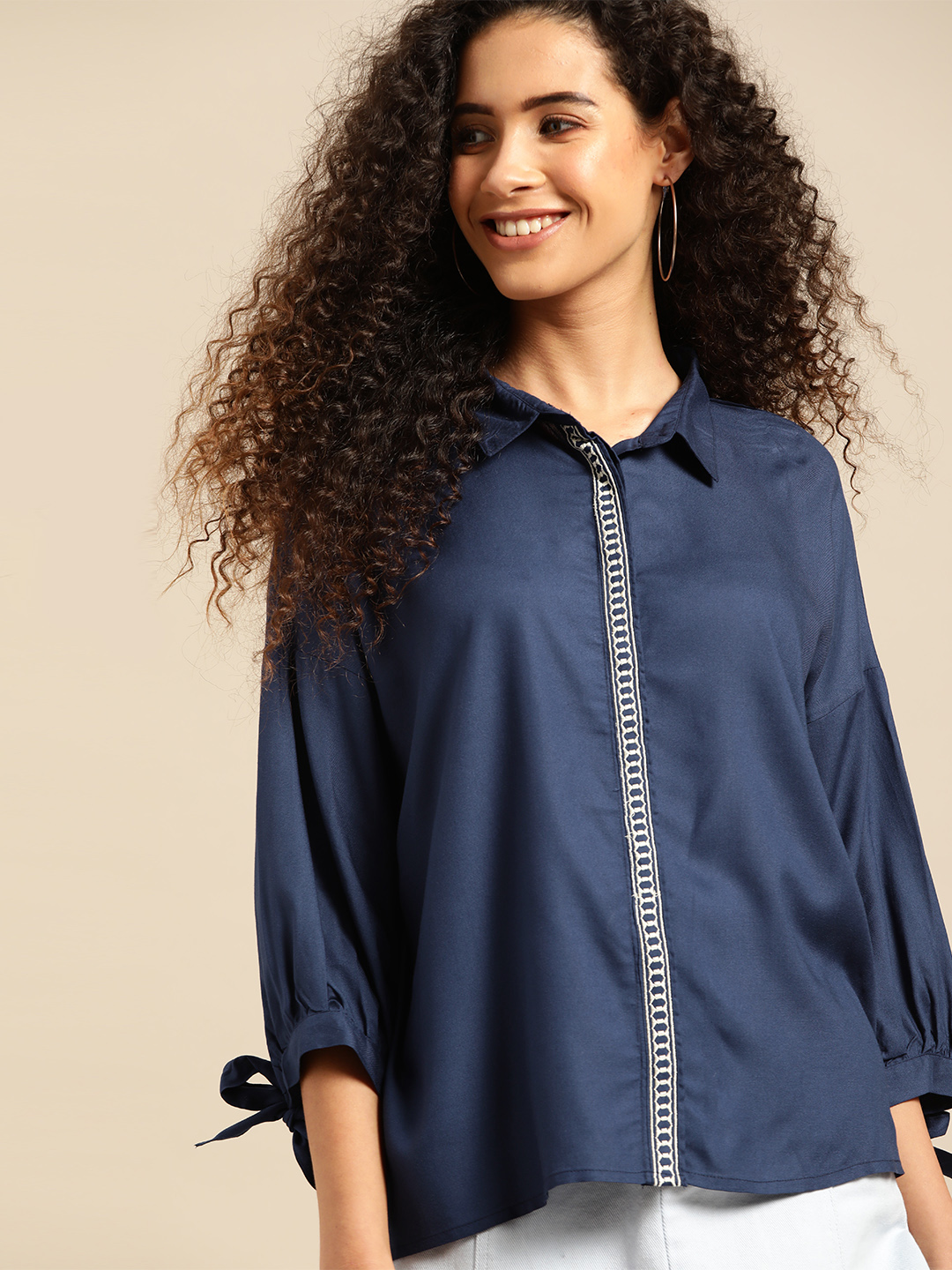 DressBerry Women Navy Blue Regular Fit Solid Casual Shirt Price in India