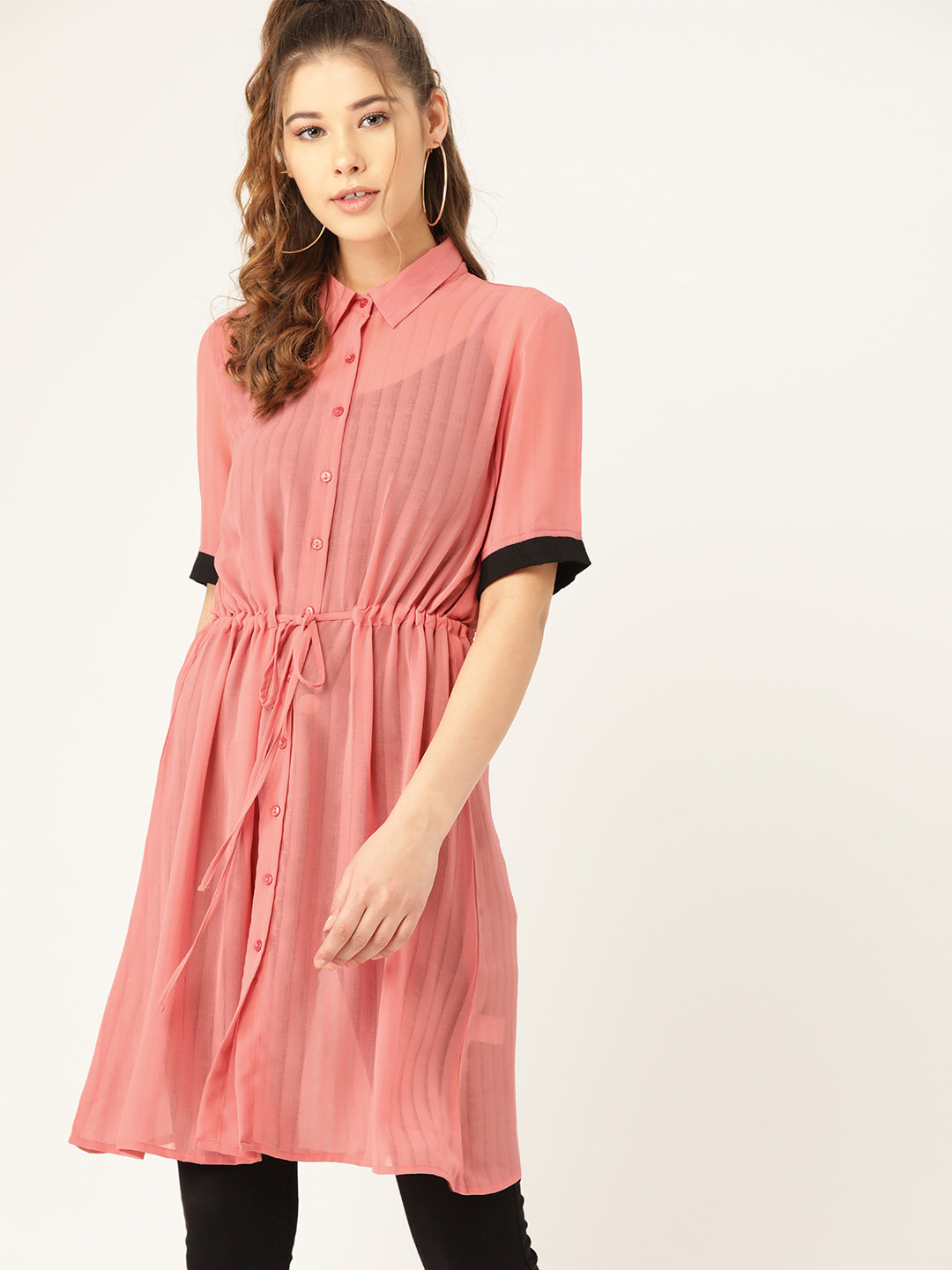 DressBerry Women Pink Regular Fit Striped Semi Sheer Longline Casual Shirt Price in India