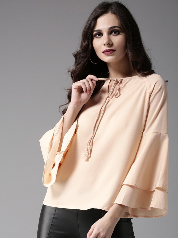 Casual 3/4 Sleeve Solid Women Beige Top Price in India