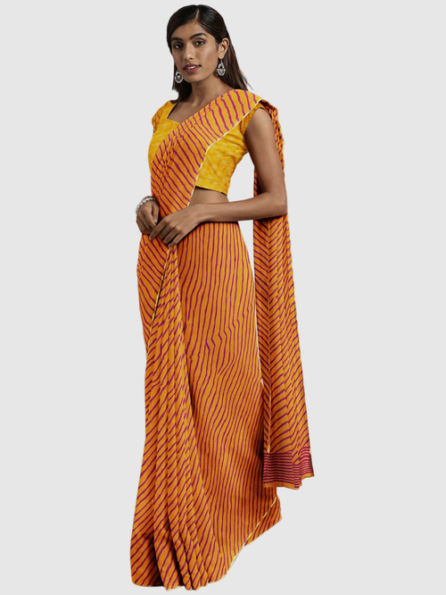 Pavecha's Yellow & Purple Striped Saree With Blouse Price in India