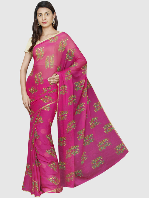 Pavecha's Pink & Green Printed Saree With Blouse Price in India