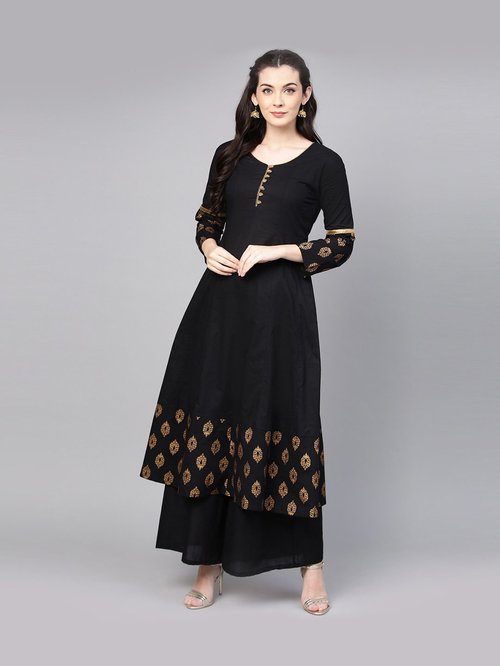 Bhama Couture Black Cotton Printed Kurti Palazzo Set Price in India