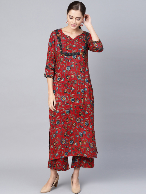 La Firangi Maroon Floral Print Kurti Palazzo Set Price in India