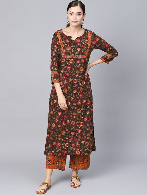 La Firangi Brown & Mustard Floral Print Kurti Palazzo Set Price in India